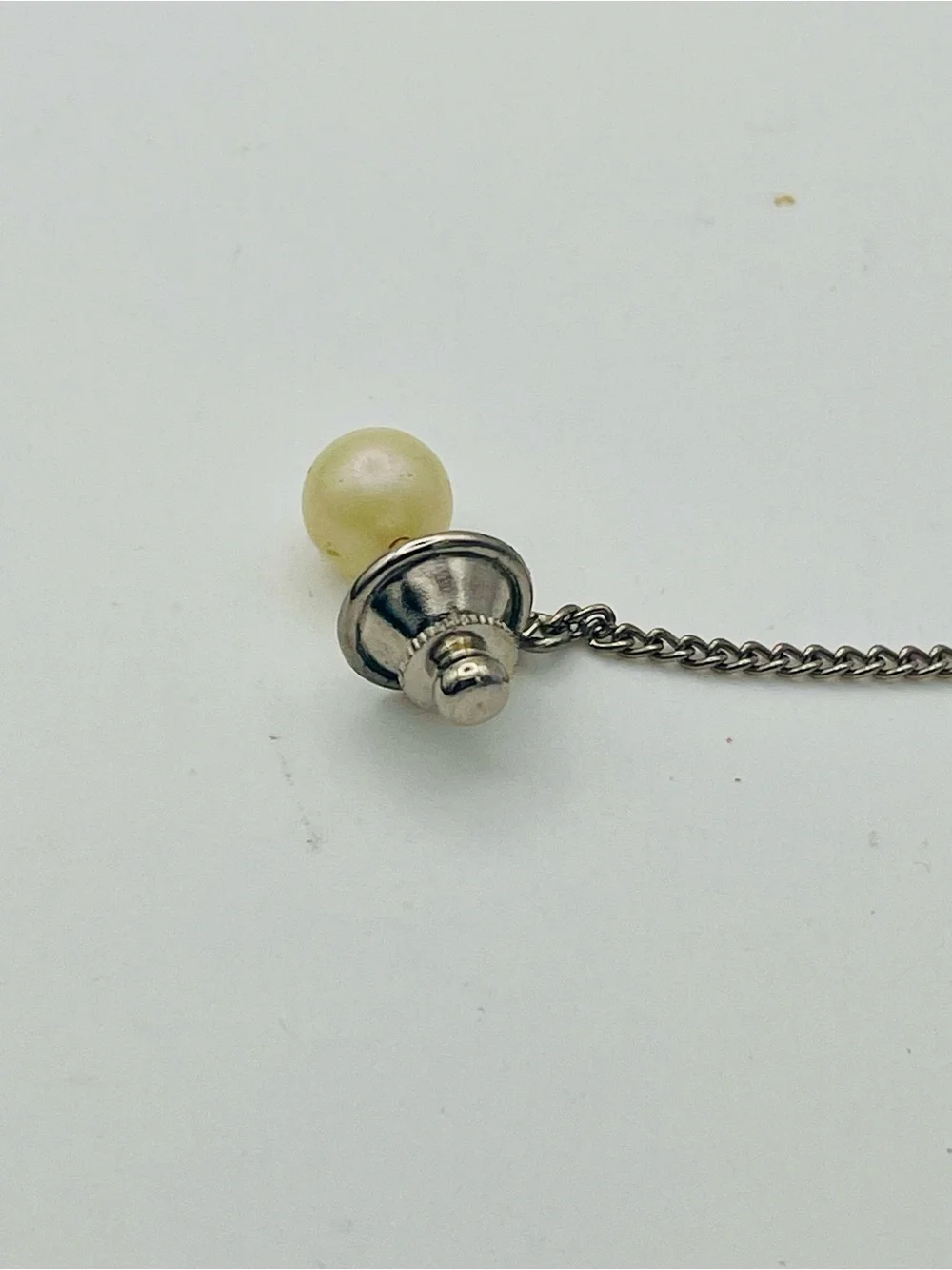 Vintage Silver Tone Chain Tie Tack with Faux Pearl Bead